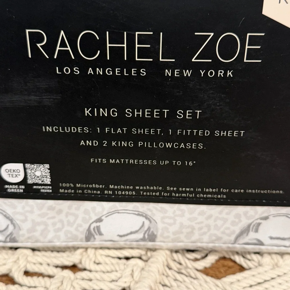 Rachel Zoe Skull King Size Sheet Set Leopard Cheetah Halloween Print Gray NEW